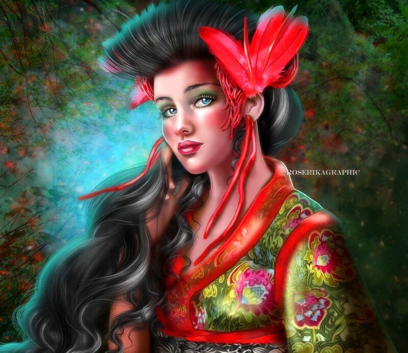 Woman with Red Feather — Dramatic, Digital Art