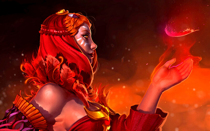 Woman with Red Feathers — Dramatic, Digital Art, Fire