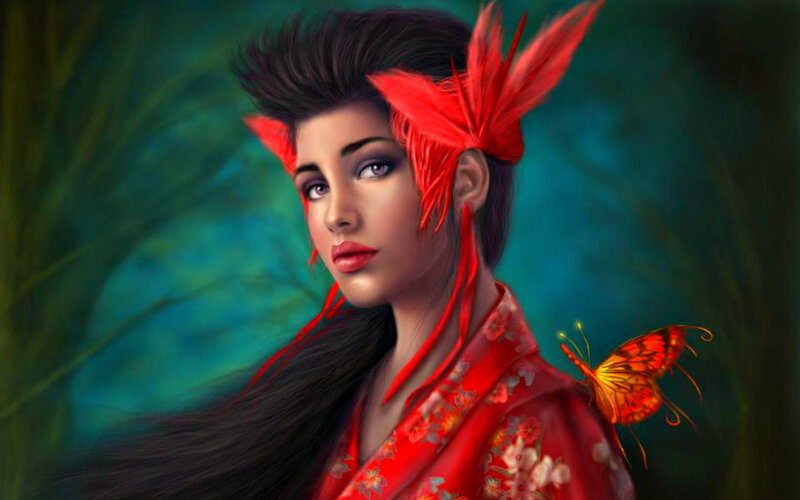 Woman with Red Feathers — Dramatic, Digital Art