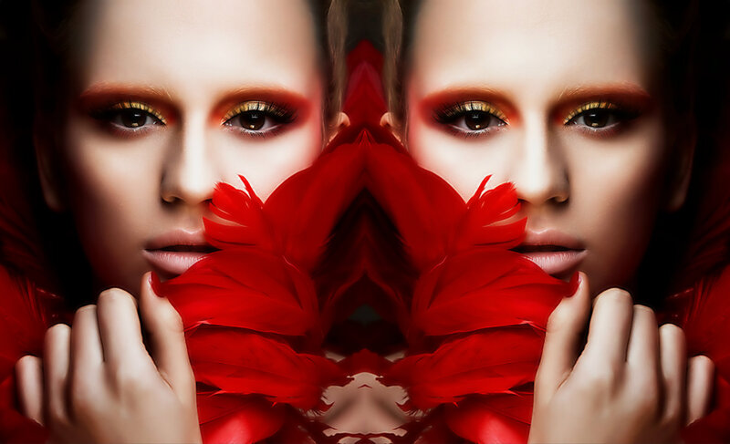 Woman with Red Feathers — Dramatic, Photograph, Makeup