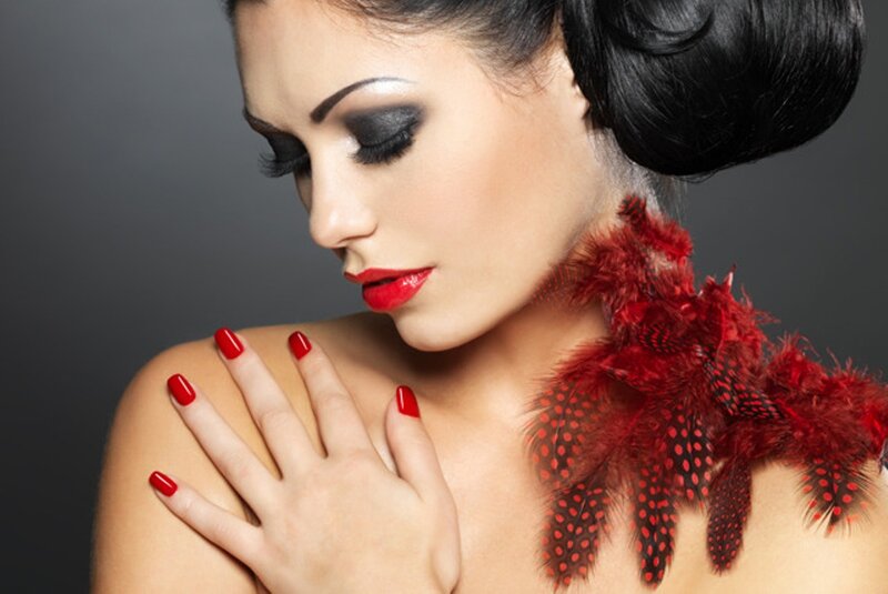 Woman with Red Feathers — Dramatic, Photograph, Red Lipstick