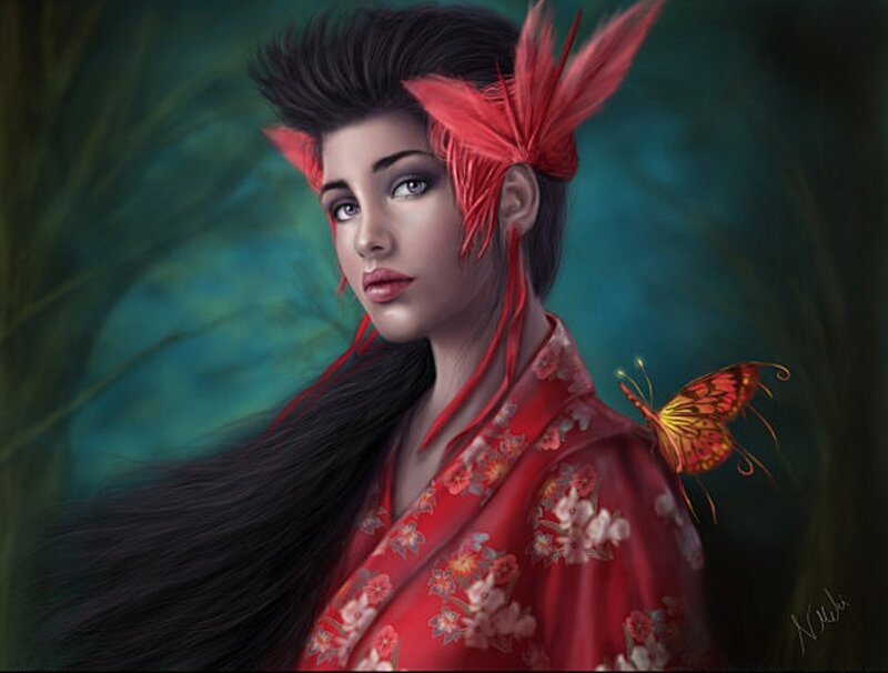 Woman with Red Feathers — Serene