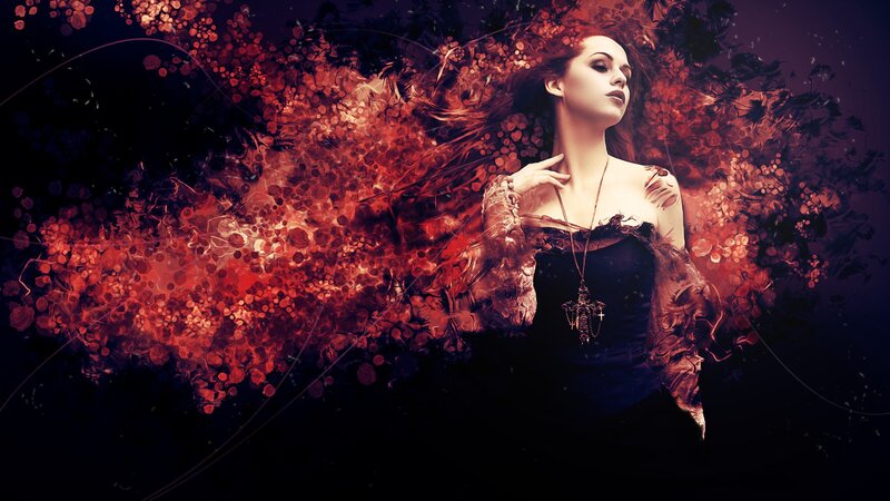 woman with red floral background