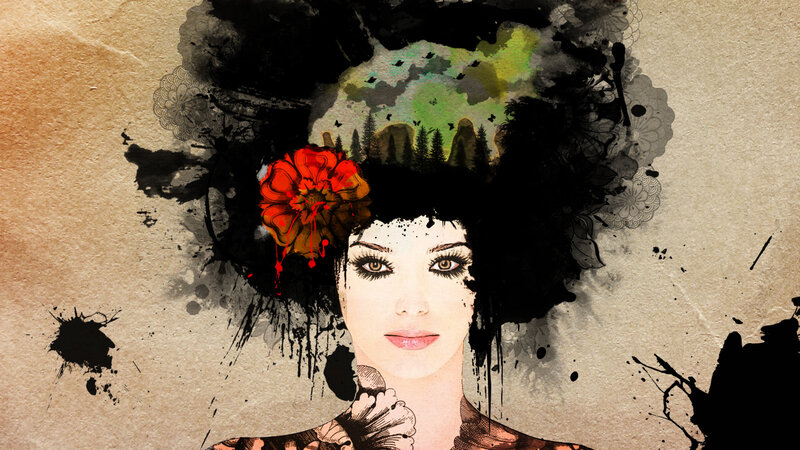 Woman with Red Flower — Black, Dramatic, Digital Art