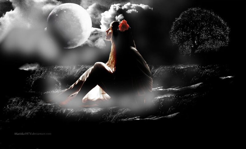 Woman with Red Flower — Black, Dramatic, Night, Digital Art, Moon