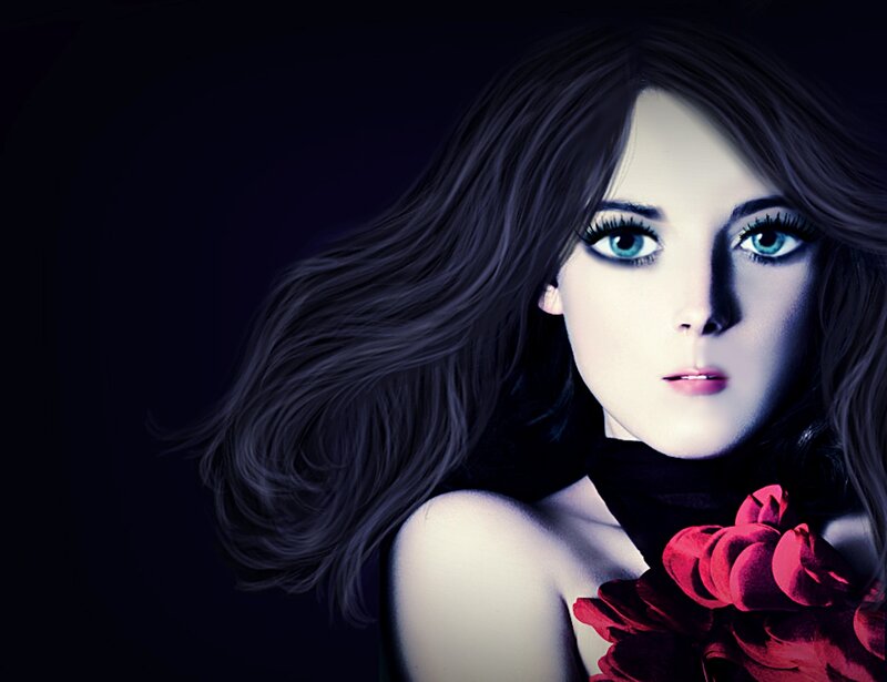 Woman with Red Flower — Black, Dramatic, Night, Digital Art