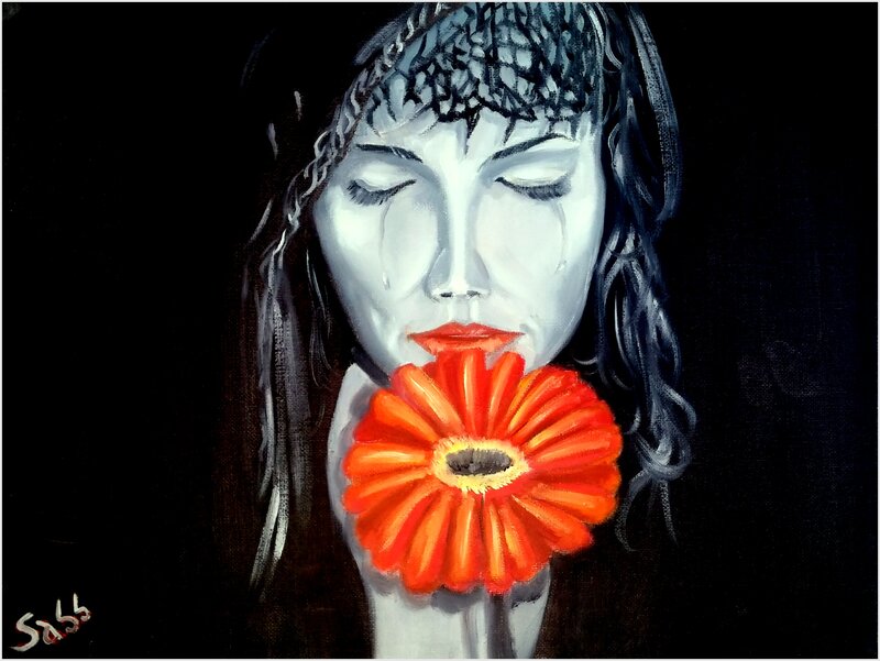 Woman with Red Flower — Black, Dramatic, Painting, Tears