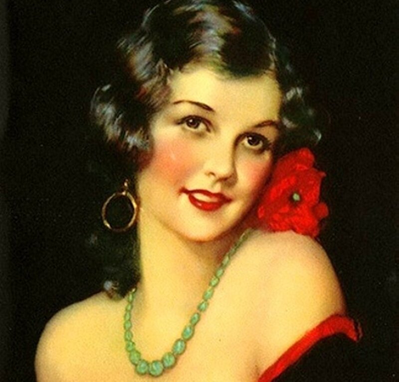 Woman with Red Flower — Black, Dramatic, Painting