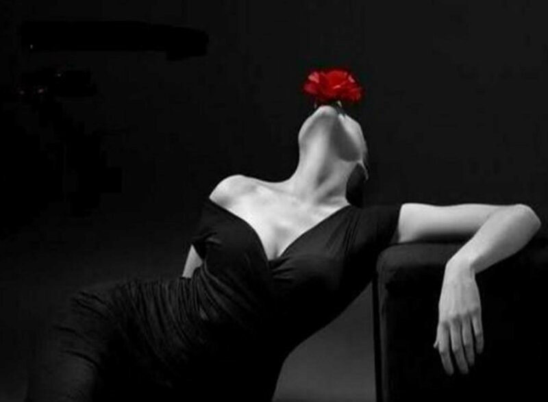 Woman with Red Flower — Black, Dramatic, Photograph, Dress