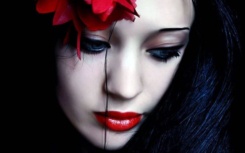 Woman with Red Flower — Black, Dramatic, Photograph, Red Flower, Dark Hair