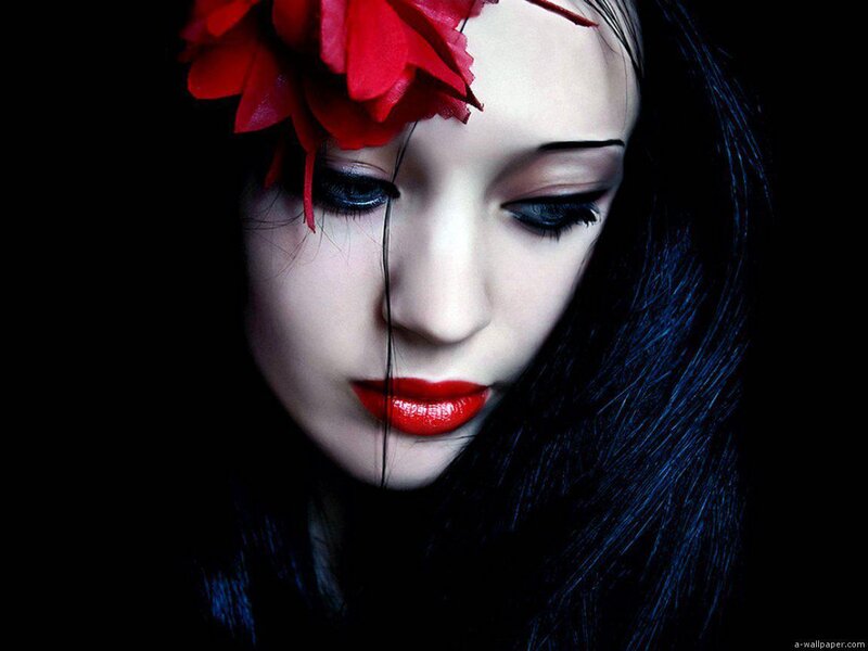 Woman with Red Flower — Black, Dramatic, Photograph
