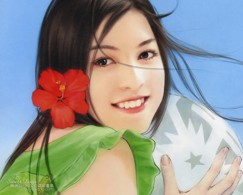Woman with Red Flower — Blue, Cheerful