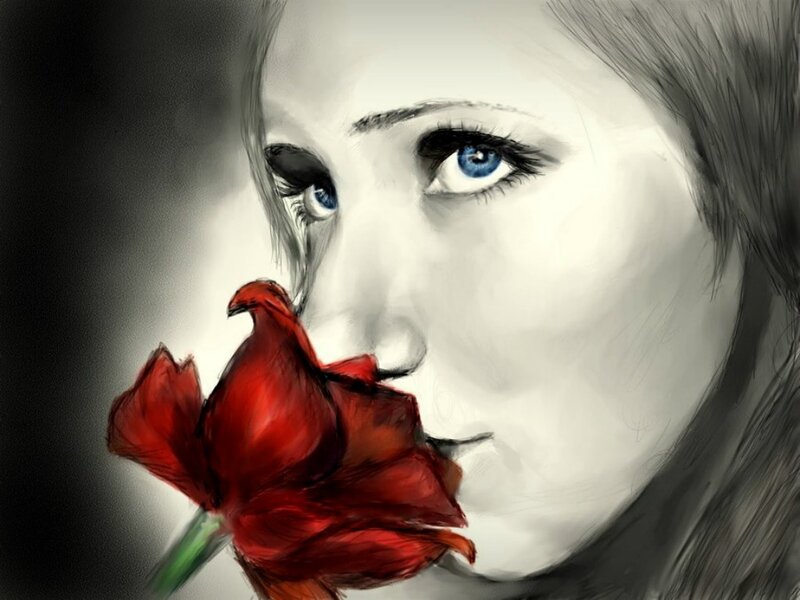 Woman with Red Flower — Dramatic, Digital Art, Eyes