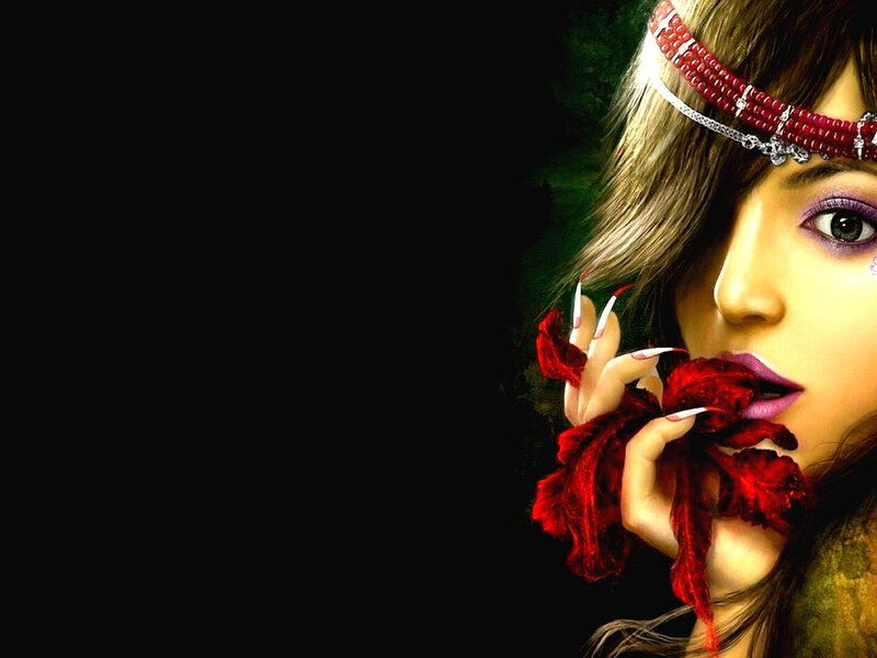 Woman with Red Flower — Dramatic, Digital Art, Headband