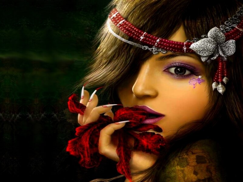 Woman with Red Flower — Dramatic, Digital Art