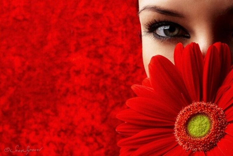 Woman with Red Flower — Dramatic, Photograph, Eye