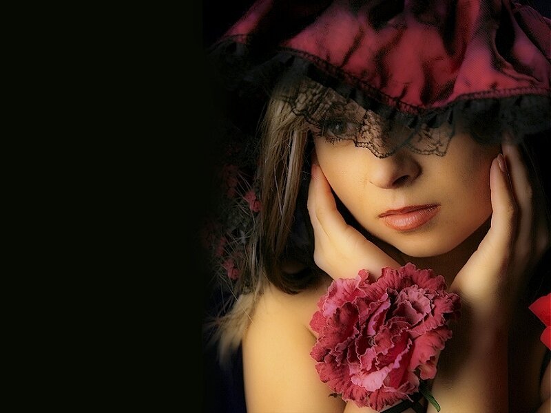 Woman with Red Flower — Dramatic, Photograph, Hat