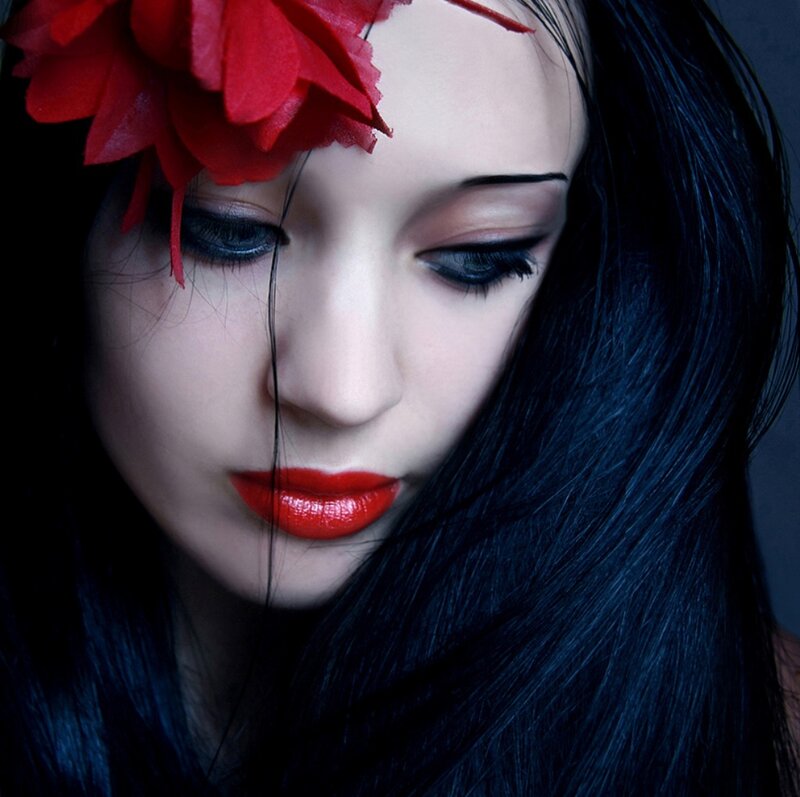 Woman with Red Flower — Dramatic, Photograph, Lipstick, Hair