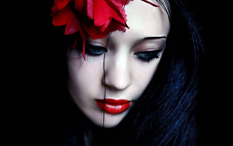 Woman with Red Flower — Dramatic, Photograph, Lipstick