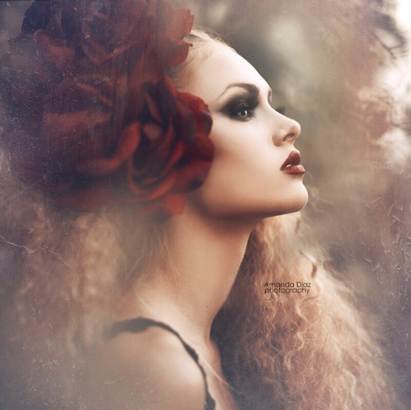 Woman with Red Flower — Dramatic, Photograph, Makeup, Curly Hair