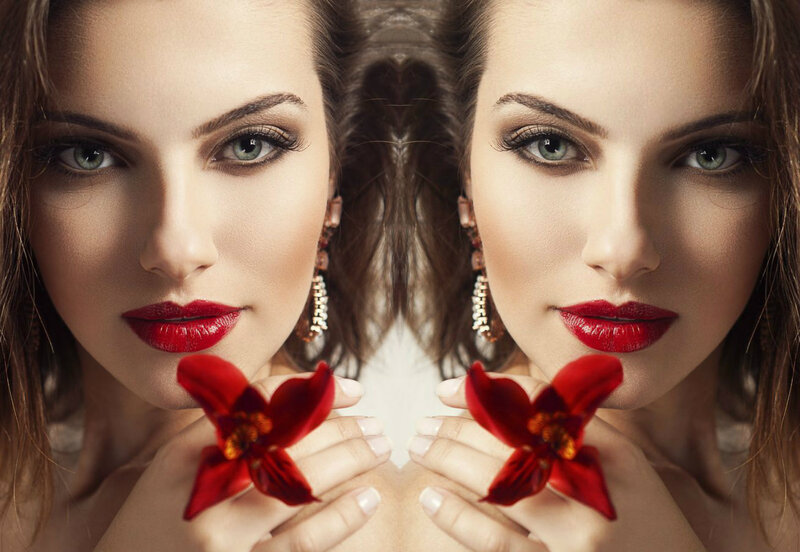 Woman with Red Flower — Dramatic, Photograph, Makeup, Earrings