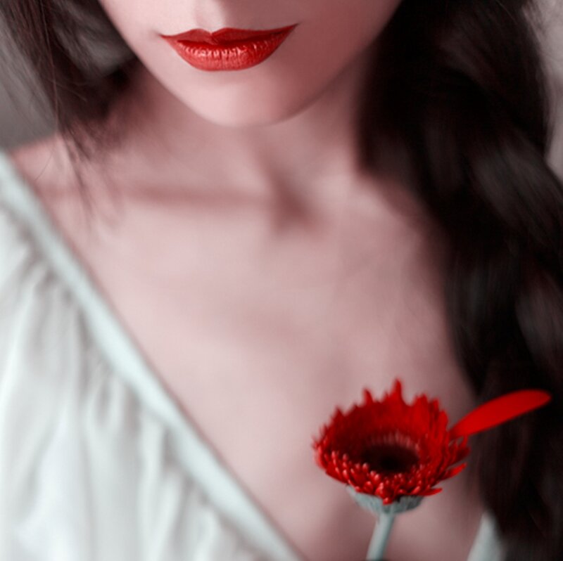 Woman with Red Flower — Dramatic, Photograph, Red Lipstick
