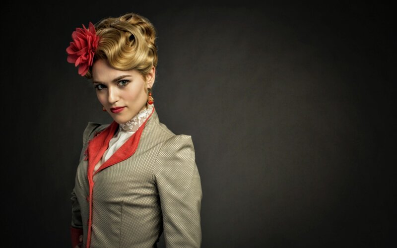 Woman with Red Flower — Gray, Dramatic, Photograph