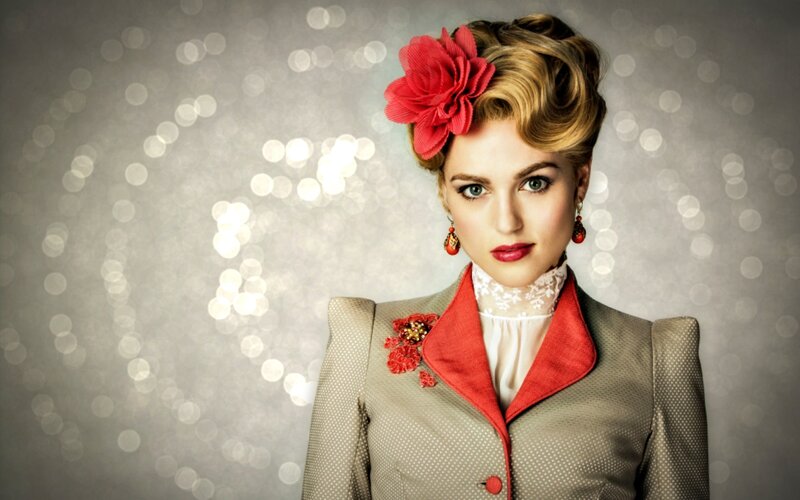Woman with Red Flower — Gray, Dramatic