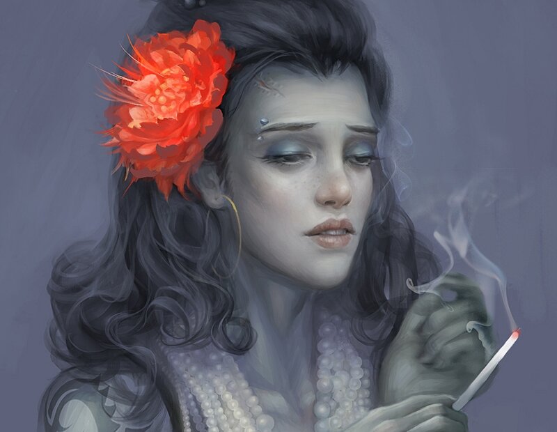 Woman with Red Flower — Gray