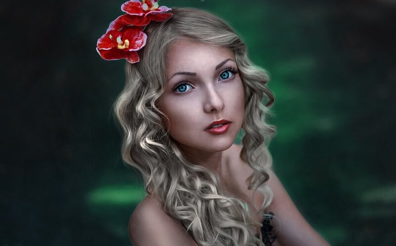 Woman with Red Flower — Green, Serene
