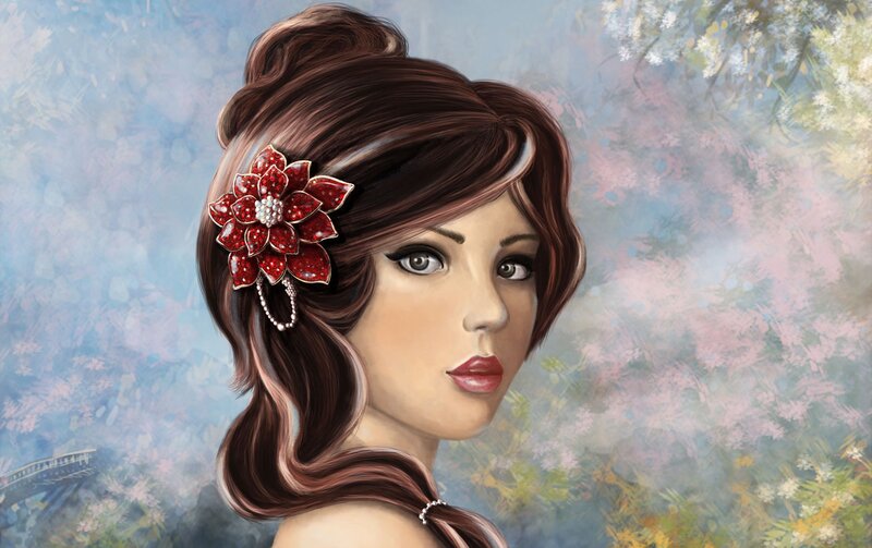 woman with red flower hairpin