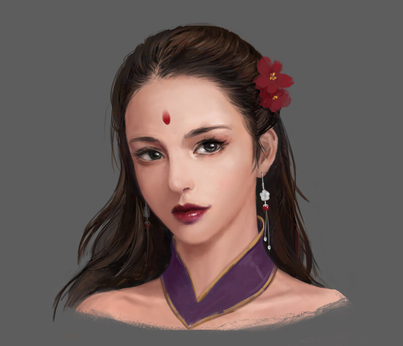 Woman with Red Flower — Purple, Calm