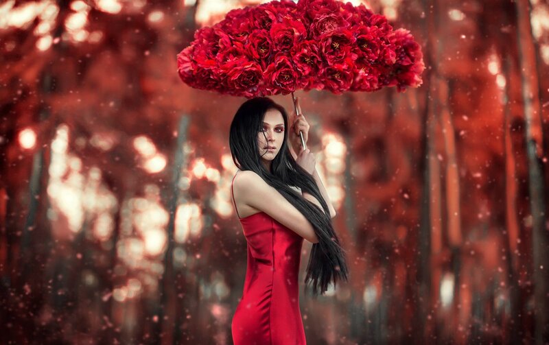 Woman with Red Flower Umbrella
