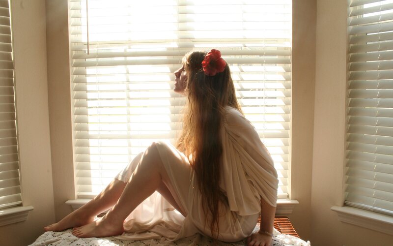 Woman with Red Flower — White, Serene, Afternoon, Photograph