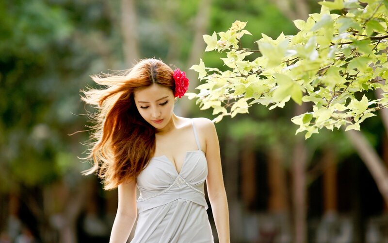 Woman with Red Flower — White, Serene, Afternoon, Photograph, Tree