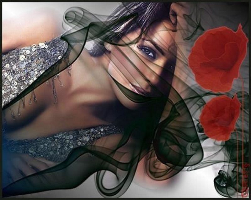 woman with red flowers