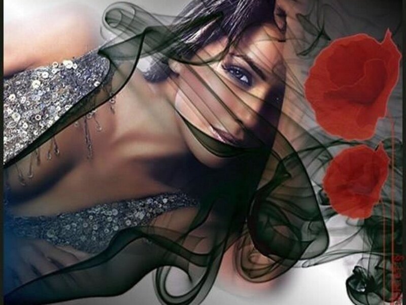 woman with red flowers