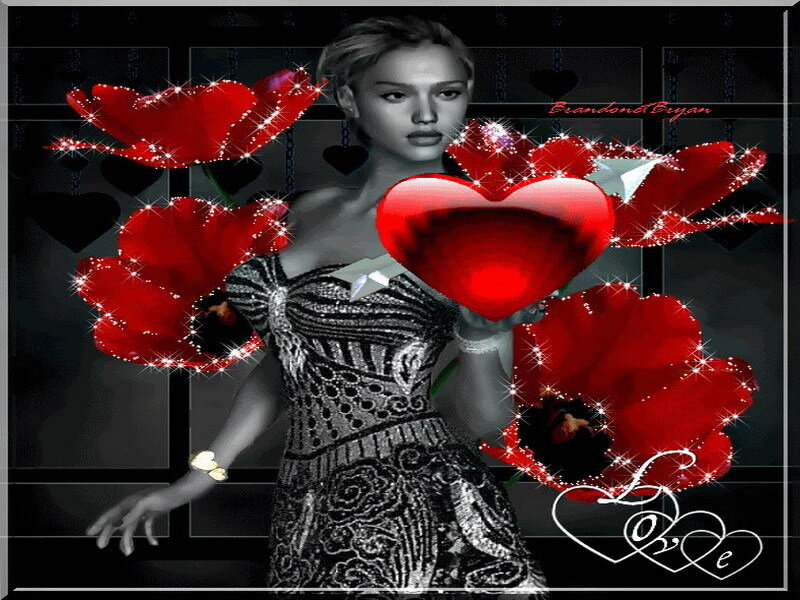 woman with red flowers and heart