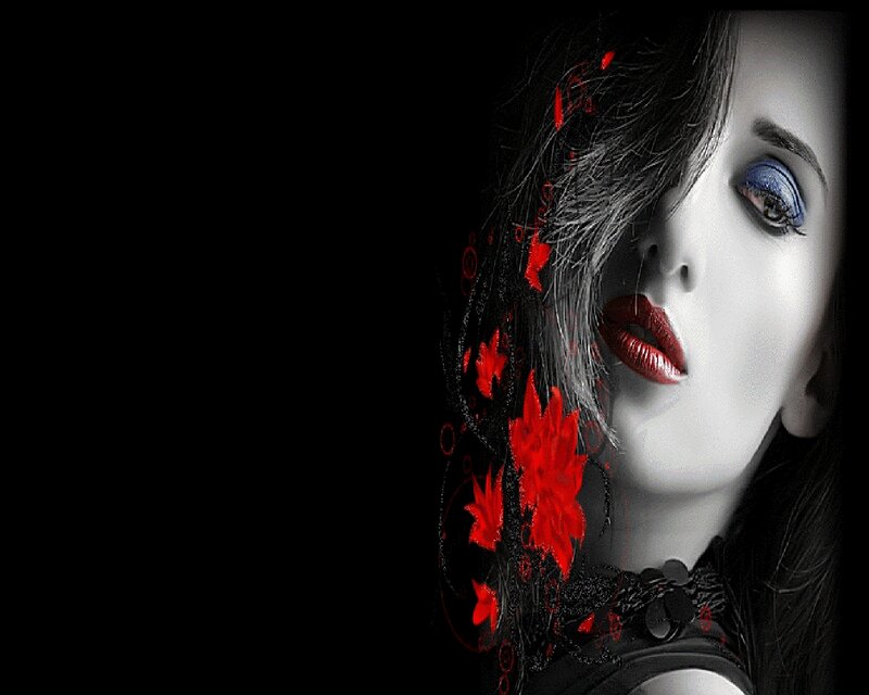 Woman with Red Flowers — Black, Dramatic, Digital Art