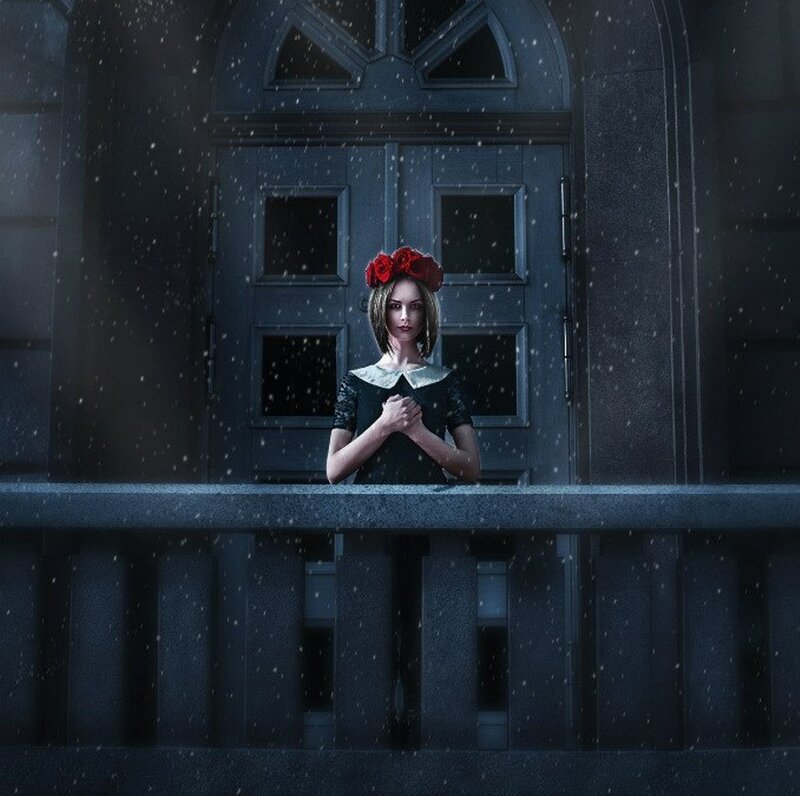 Woman with Red Flowers — Black, Dramatic, Night, Digital Art