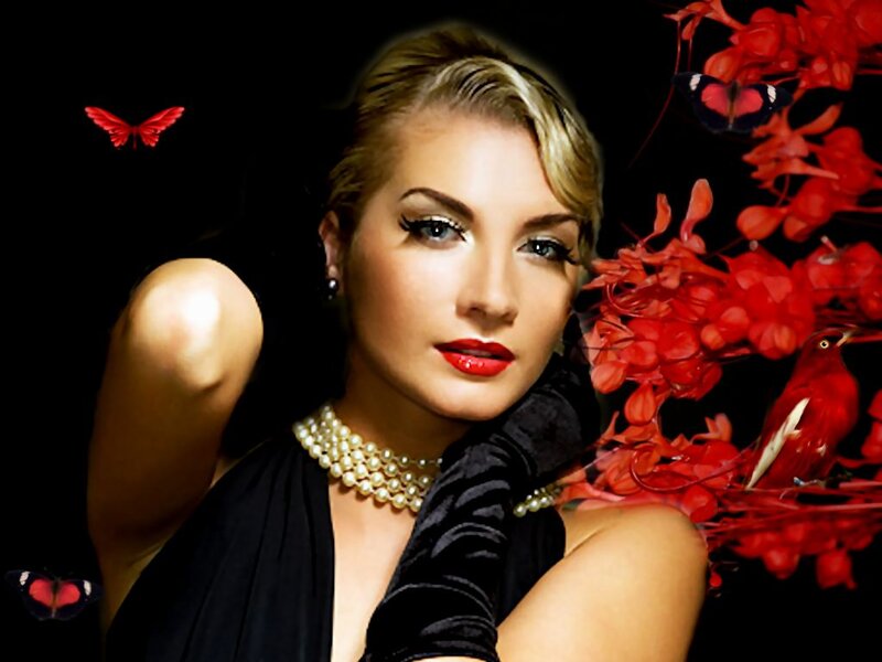 Woman with Red Flowers — Black, Dramatic, Photograph