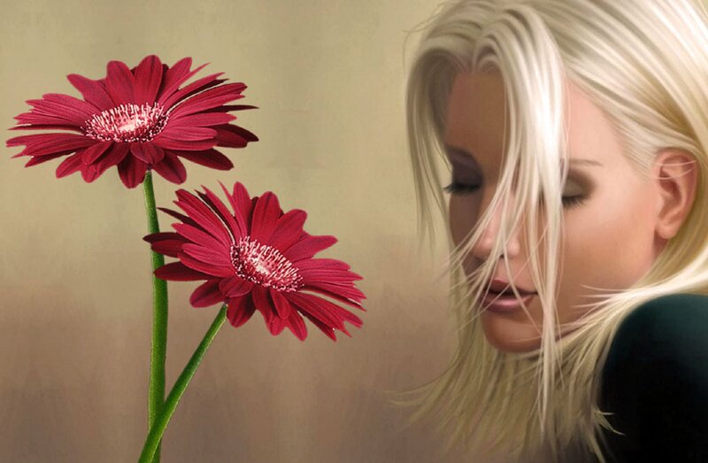 Woman with Red Flowers — Calm
