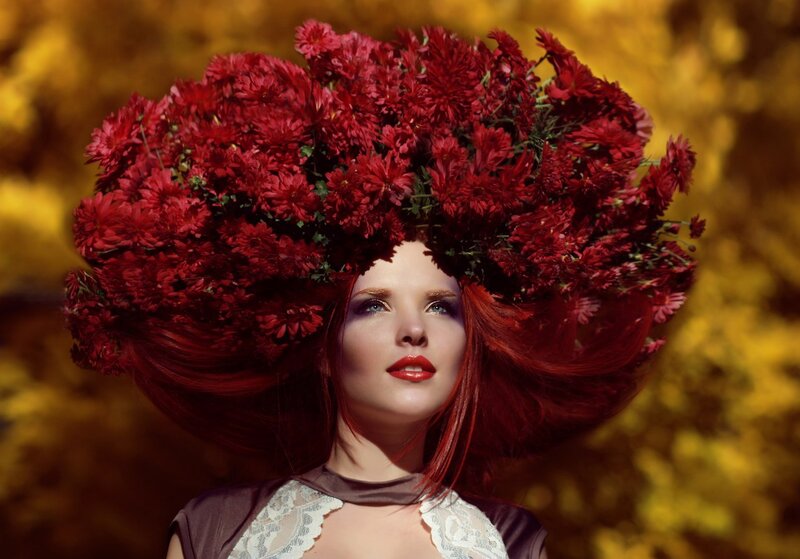 Woman with Red Flowers — Dramatic, Autumn, Photograph