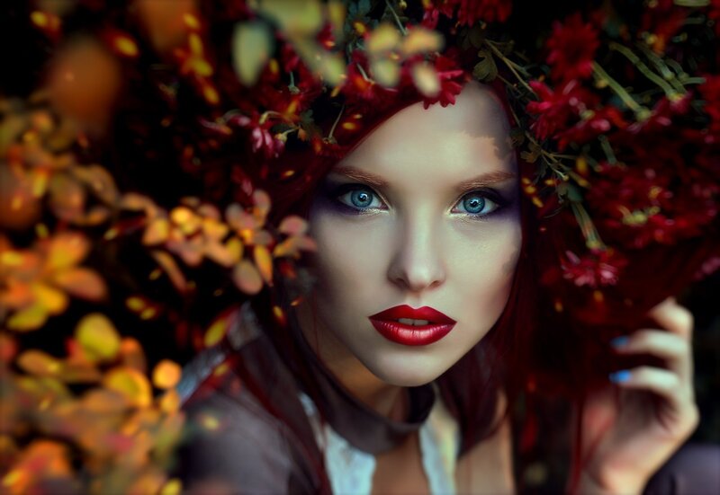 Woman with Red Flowers — Dramatic, Autumn
