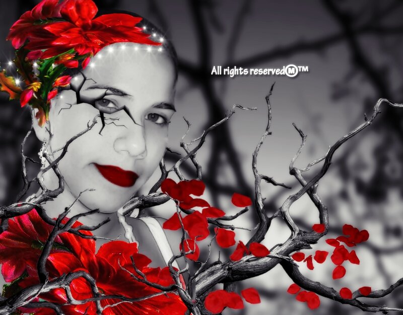 Woman with Red Flowers — Dramatic, Digital Art, Branches