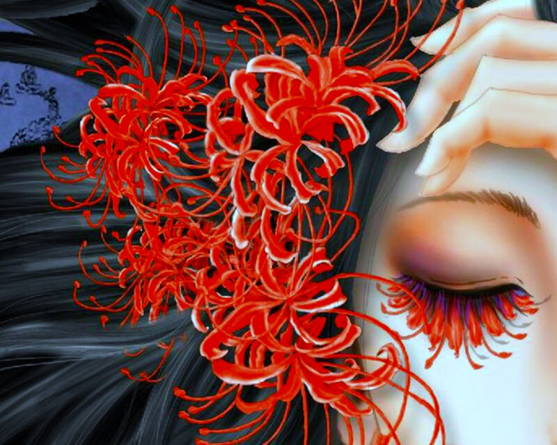 Woman with Red Flowers — Dramatic, Digital Art, Hand