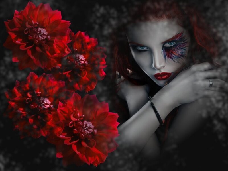 Woman with Red Flowers — Dramatic, Digital Art, Makeup