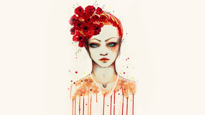 Woman with Red Flowers — Dramatic, Digital Art, Paint Splatter