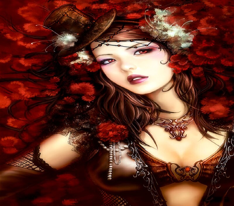 Woman with Red Flowers — Dramatic, Digital Art, Top Hat