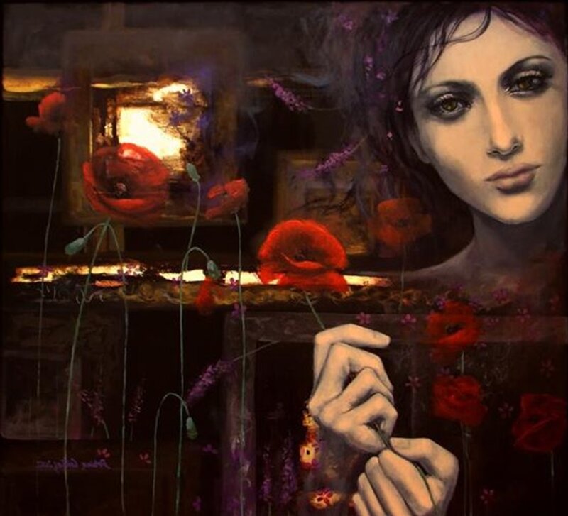 Woman with Red Flowers — Dramatic, Night